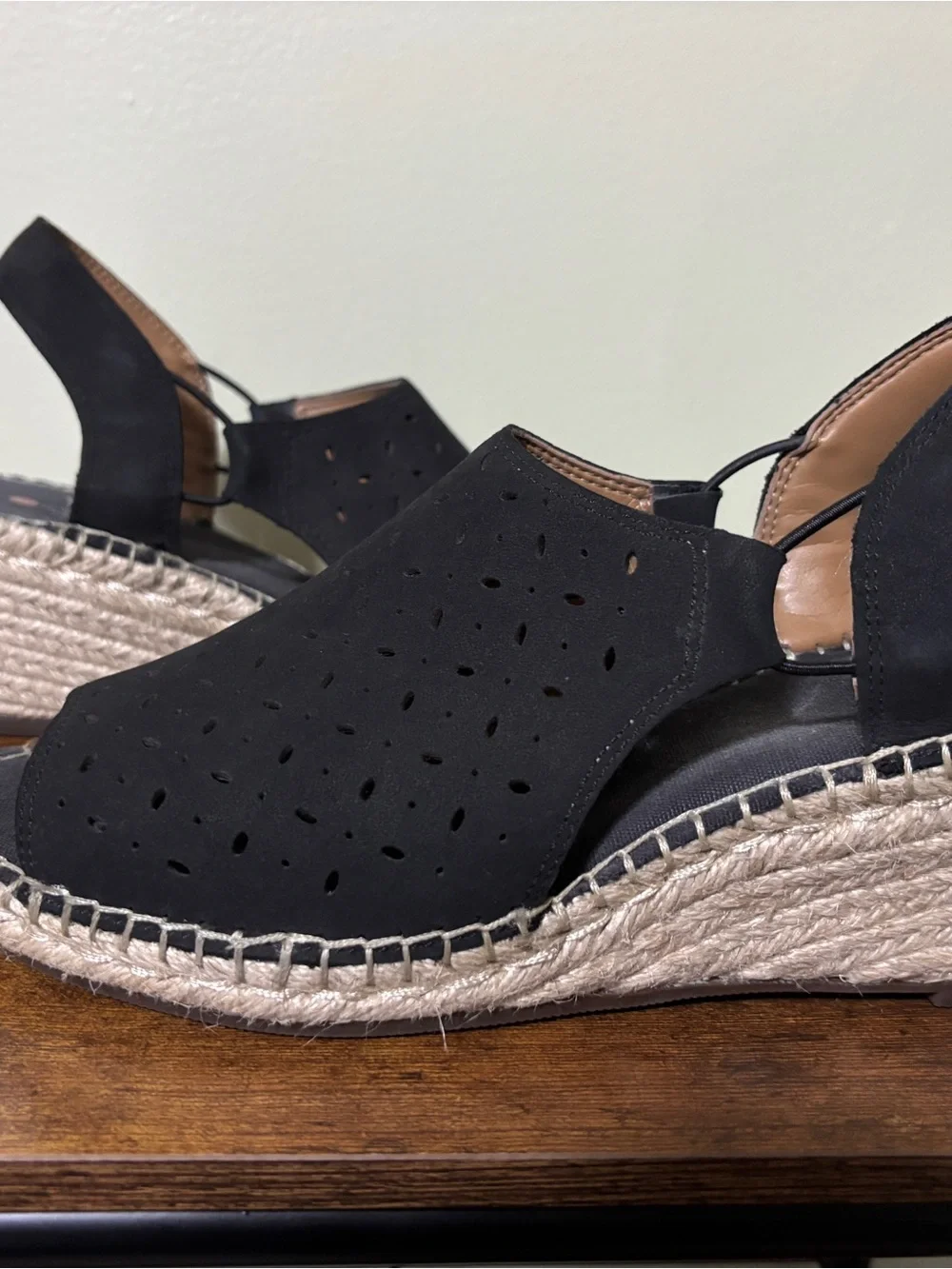 Clarks Black Perforated Espadrille Slingback Wedge
